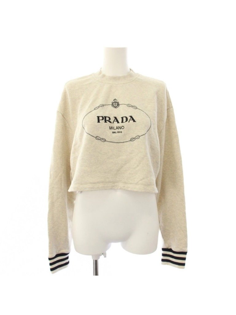 Prada Logo Embroidery Cropped Sweatshirt Long Sleeve Xs Gray